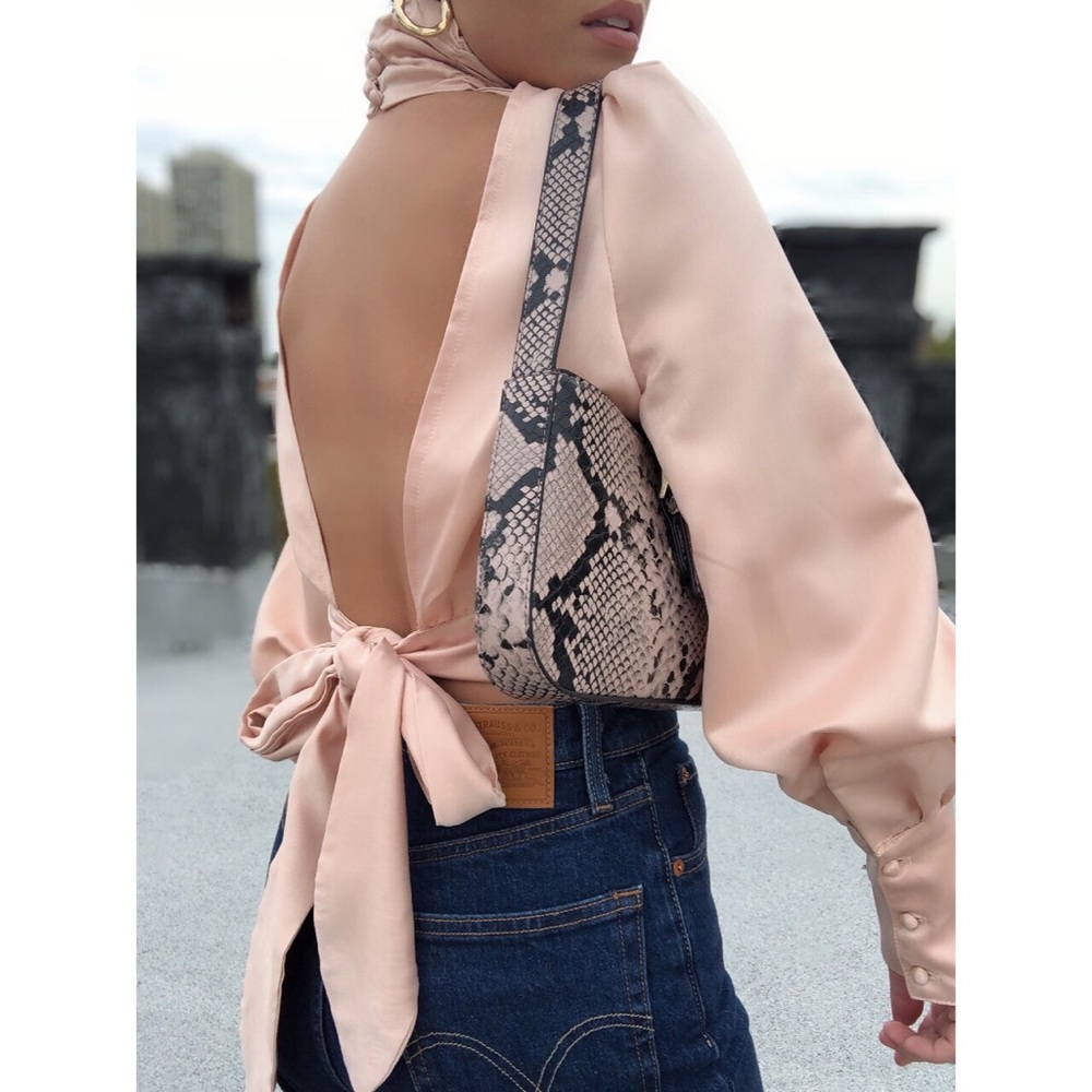Kelis Satin High Neck Puff Sleeve Blouse - Peach - Picture 7 of 8